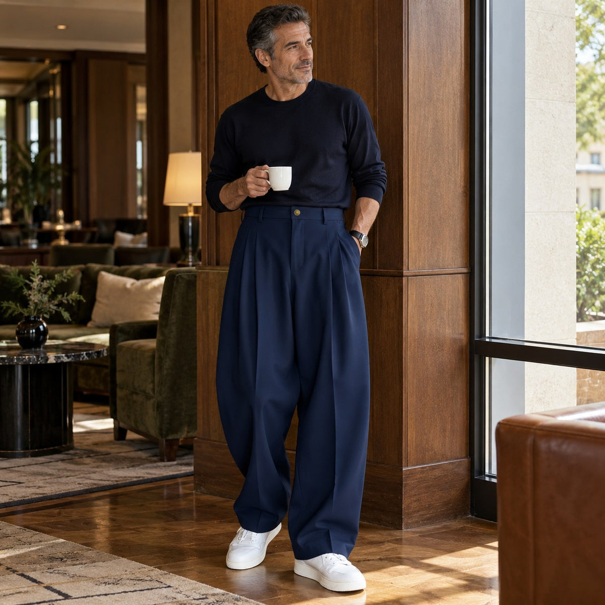 Men's High-Waisted Pleated Wide-Leg Dress Pants — Navy lifestyle