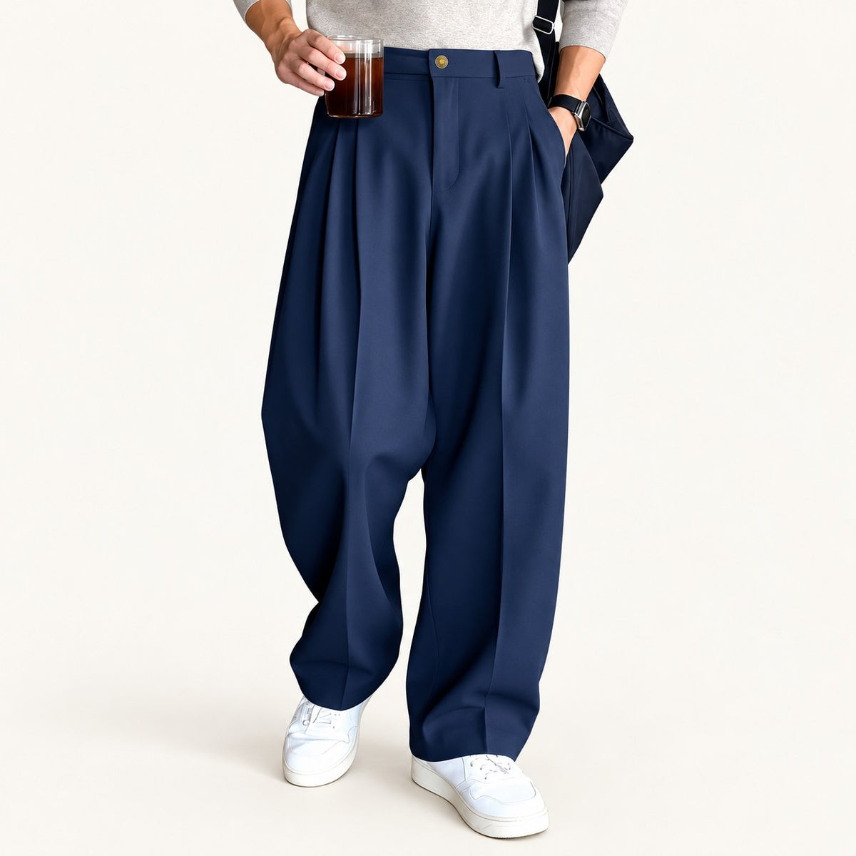 Men's High-Waisted Pleated Wide-Leg Dress Pants — Navy main