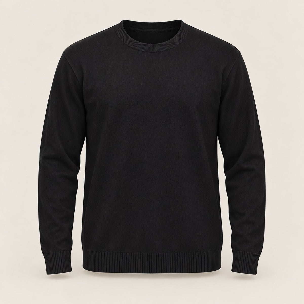 Men's Minimalist Crew Neck Sweater with Ribbed Cuffs — Black