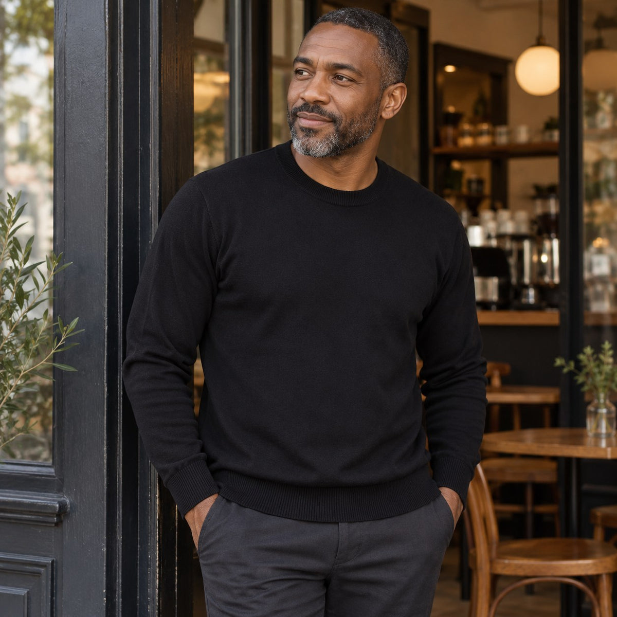 Men's Minimalist Crew Neck Sweater with Ribbed Cuffs — Black lifestyle