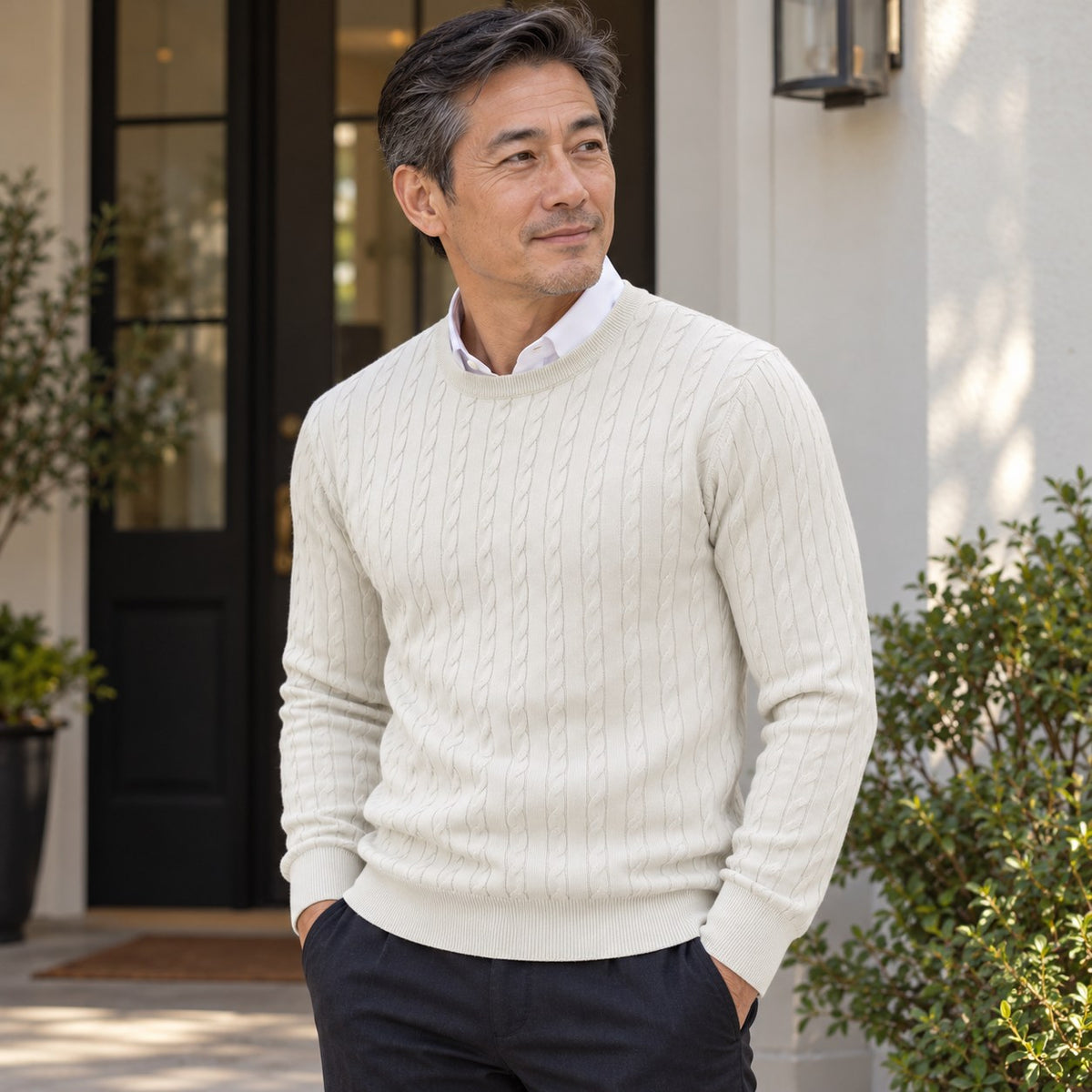 Men's Plus Size Classic Cable-Knit Crewneck Pullover Sweater — White lifestyle