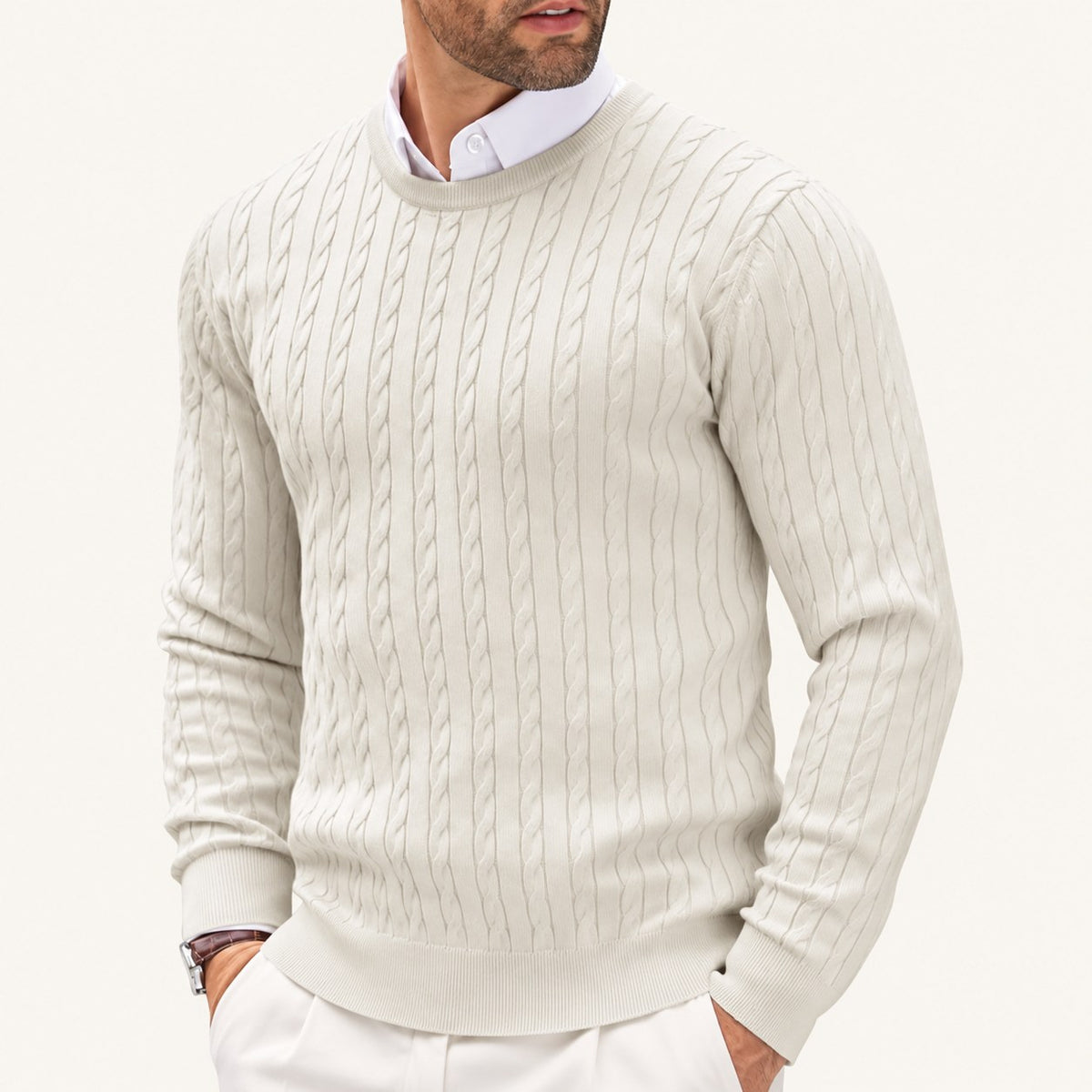 Men's Plus Size Classic Cable-Knit Crewneck Pullover Sweater — White main