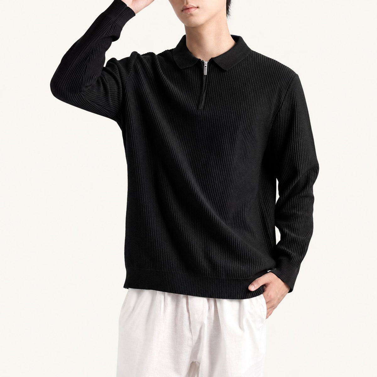 Men's Plus Size Quarter-Zip Ribbed Knit Top — Black main