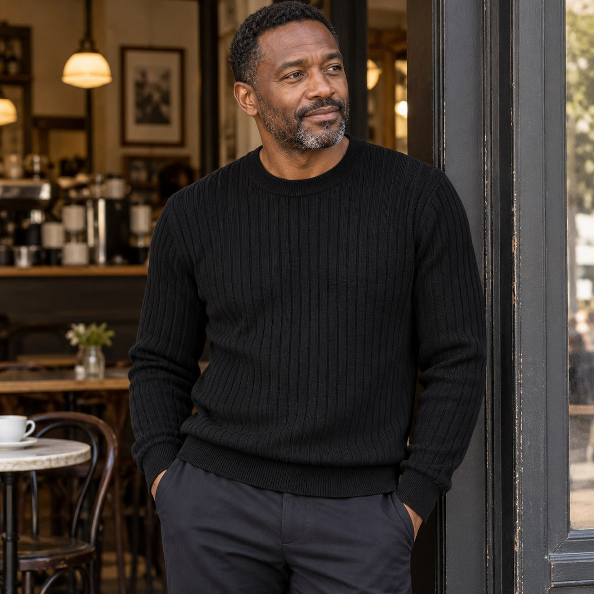 Men's Plus Size Ribbed Knit Crew Neck Sweater — Black lifestyle