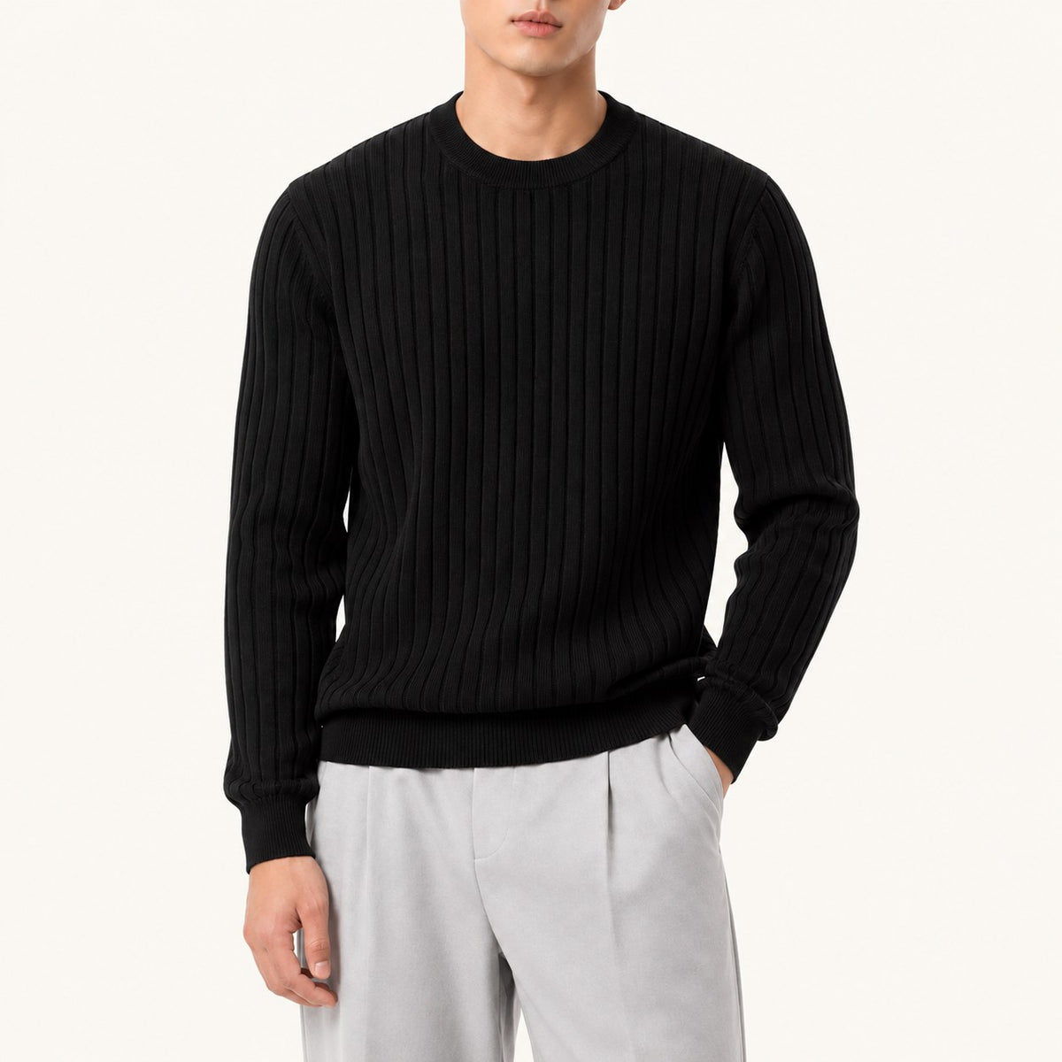 Men's Plus Size Ribbed Knit Crew Neck Sweater — Black main