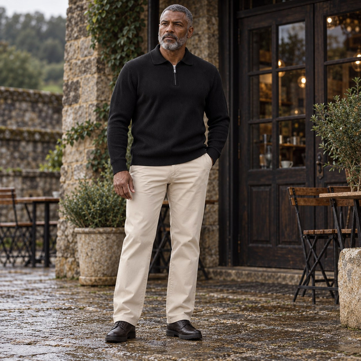 The Off-Duty — Men's Plus Size Quarter-Zip Ribbed Knit Top in Black