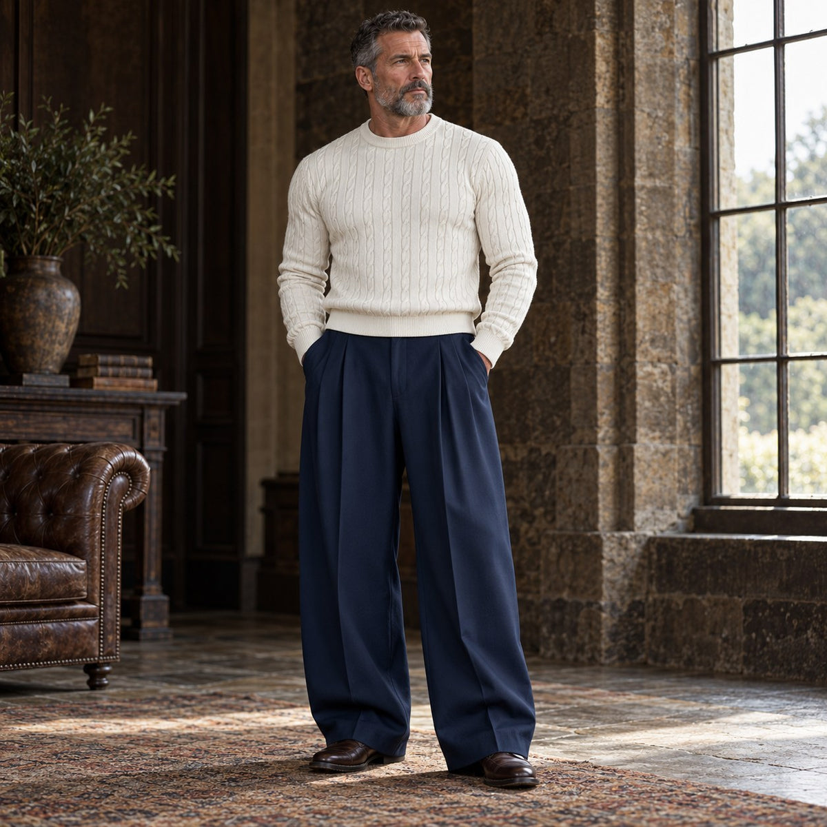 The Stonehouse — Men's Plus Size Classic Cable-Knit Crewneck Pullover Sweater in White